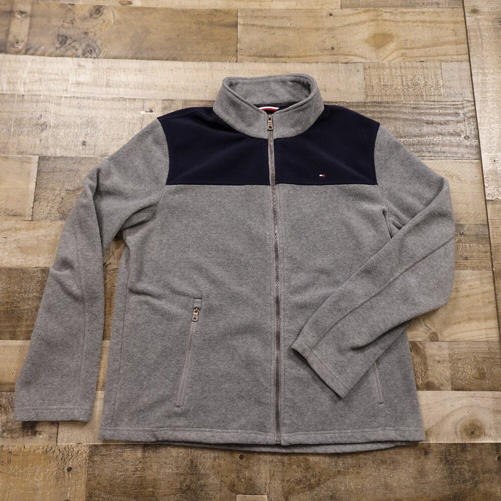 Tommy Hilfiger classic polar fleece full zip jacket men's large gray navy